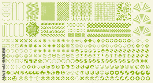 Abstract geometric patterns and shapes in a harmonious green palette, showcasing diverse minimalist designs and artistic elements for creative projects