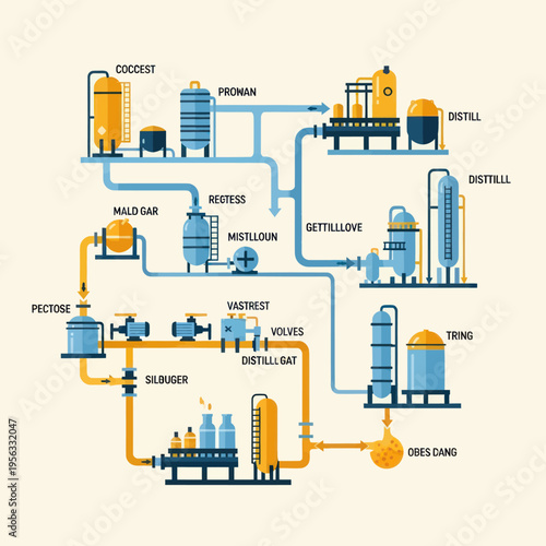 Diagram illustrating a complex industrial process involving distillation, fermentation, and separation of various chemical compounds.
