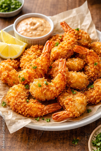 Crispy Breaded Fried Shrimp with Lemon and Dipping Sauce on Wooden Table