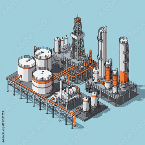 Isometric illustration of an oil refinery complex with storage tanks, distillation columns, and a drilling rig.