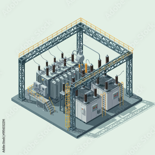 Isometric illustration of a large electrical substation with multiple transformers and power lines within a protective metal framework.