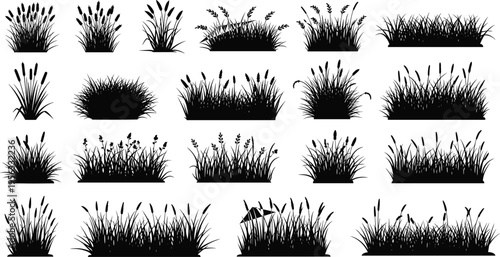 "Black silhouette illustration of diverse grass and reed clusters arranged in grid pattern, showcasing natural vegetation, botanical design, landscape decoration, and seasonal plant artwork"