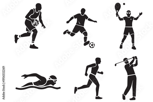 Sports Silhouette Set: Vector Athletes for Soccer, Basketball, Tennis, Swimming, Running and Golf