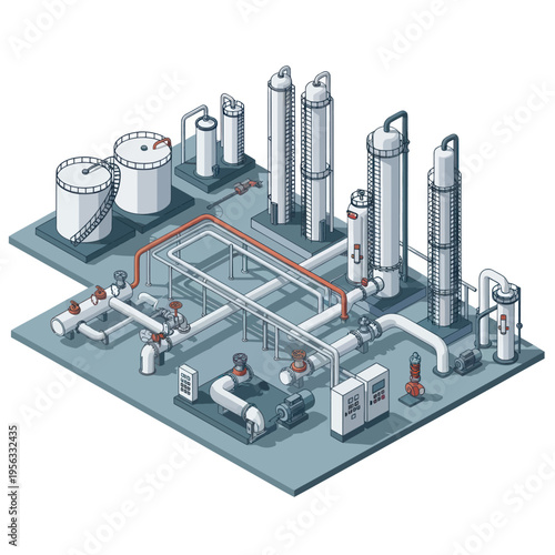 Isometric illustration of an industrial chemical processing plant with tanks, pipes, and distillation columns.