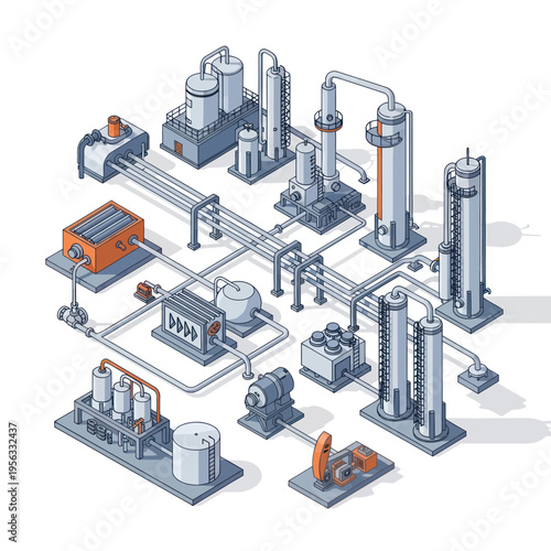Isometric illustration of a complex industrial plant with interconnected machinery, pipes, and distillation towers, representing a sophisticated manufacturing or processing facility.