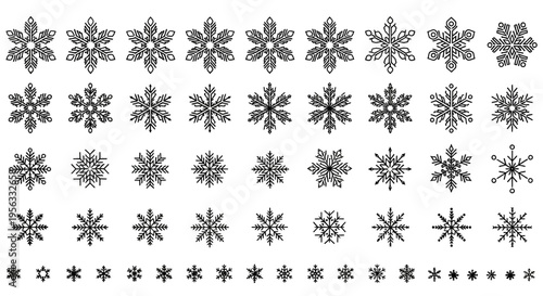 A collection of diverse snowflake icons in various intricate and simple designs, perfect for winter-themed graphic projects and decorations