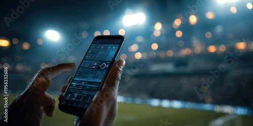 close up of hands holding smartphone with abstract sports analytics