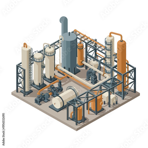 Isometric illustration of an industrial chemical processing plant with complex piping and distillation columns.