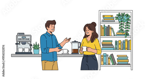 Colleagues Chatting at Modern Office Coffee Station