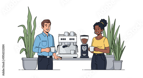 Colleagues Chatting Near Modern Office Coffee Station
