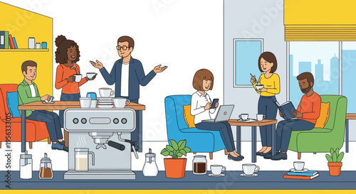 Colleagues Socializing in Vibrant Office Breakroom
