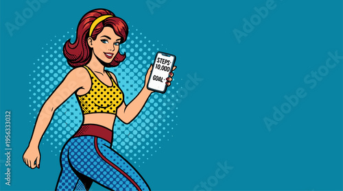 Fit Woman Showing 10,000 Steps on Smartphone Fitness Tracker App Pop Art Vector Illustration for Healthy Lifestyle, Wellness Coaching, and Exercise Marketing with Copy