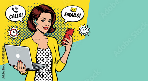 Professional Woman Multitasking with Laptop and Smartphone in Pop Art Style for Business Productivity, Customer Support, and Time Management Concept Vector Illustration
