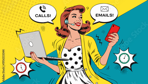 Professional Woman Multitasking with Laptop and Smartphone in Pop Art Style for Business Productivity, Customer Support, and Time Management Concept Vector Illustration