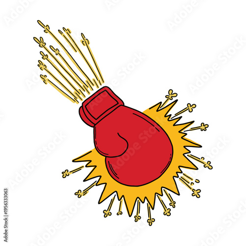 Red boxing glove hitting target with comic style explosion vector illustration. Hand drawn red boxing glove impact illustration in cartoon style