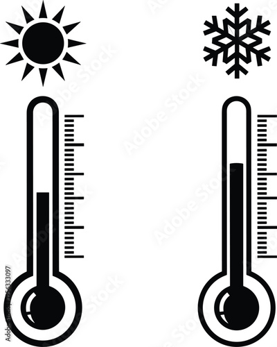 Web"Black and white illustration of thermometers with sun and snowflake symbols, representing hot and cold temperature conditions, Celsius scale, climate, weather, and seasonal contrast"