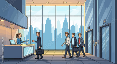 Employees Entering a Vibrant Modern Office Lobby
