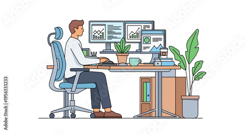 Focused Professional at Ergonomic Dual Monitor Desk