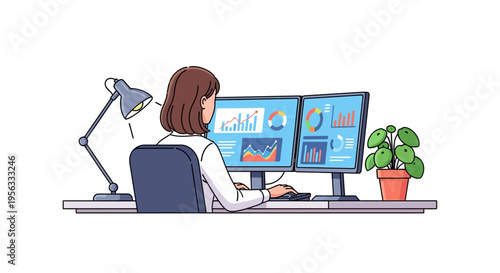 Focused Professional Working at Dual Monitor Desk