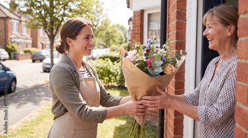 Smiling florist delivering fresh bouquet to happy customer at front