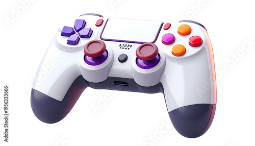Game controller on black background featuring purple and orange buttons for gaming