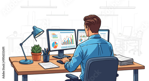 Focused Employee Working on Dual Monitors