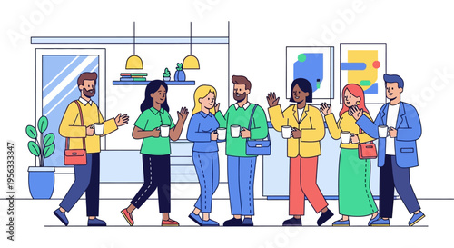 Young Professionals Greeting With Coffee in Lobby