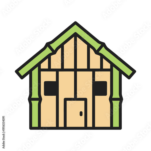 Flat vector illustration of a timber frame house with wooden structure and green roof in minimal outline style.