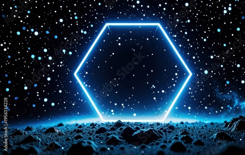glowing hexagon in space, abstract cosmic background, empty space, concept of tech, science, future
