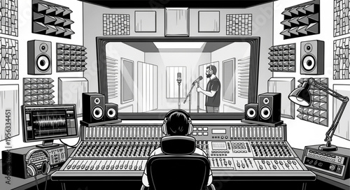 Monochrome illustration of a recording studio control room with mixing console.