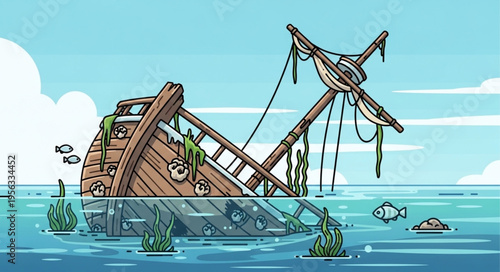 Sunken Shipwreck in Cartoon Style with Marine Life.