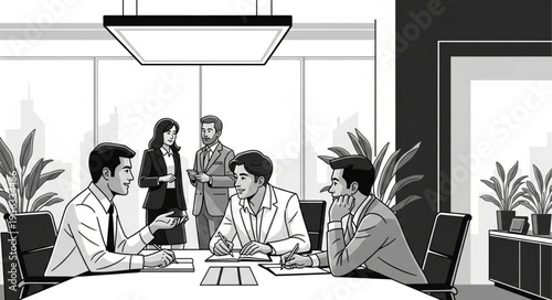 Team Meeting in Modern Office Space Illustration.