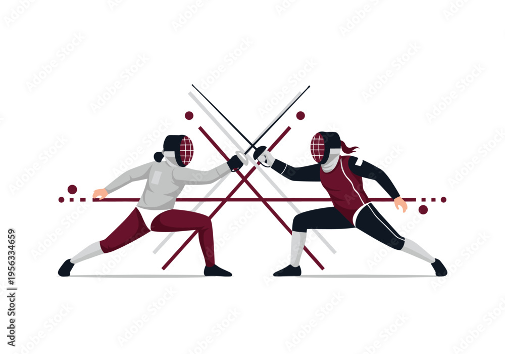 Fototapeta premium Two fencers in protective masks and suits engaged in a dynamic sword fight on a white background with abstract lines.