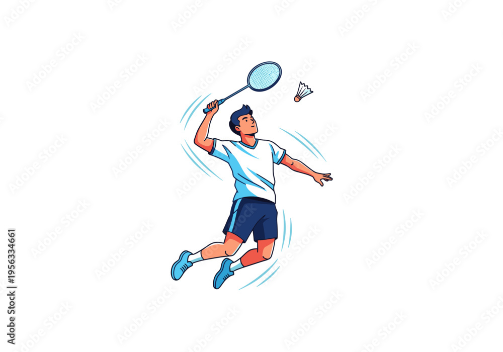 Fototapeta premium Energetic male athlete jumping to hit a shuttlecock with a badminton racket during a game