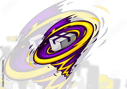 A gray package with a white ribbon surrounded by a dynamic swirling purple and yellow energy vortex