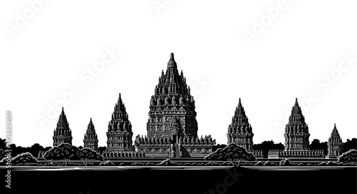 Detailed Black and White Illustration of the Prambanan Temple Complex.