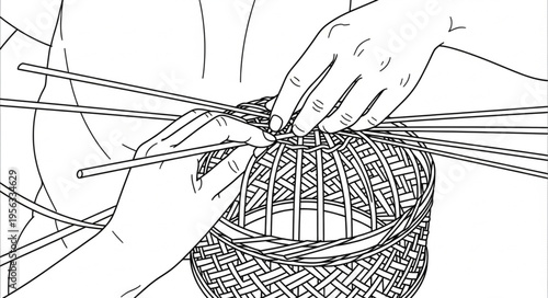 Hands weaving a basket with natural materials in detailed line art.
