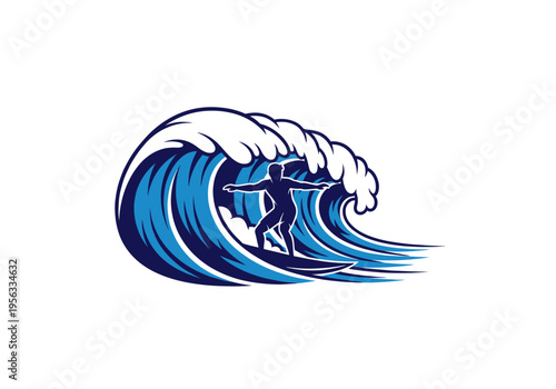 Stylized graphic illustration of a surfer riding a big blue ocean wave