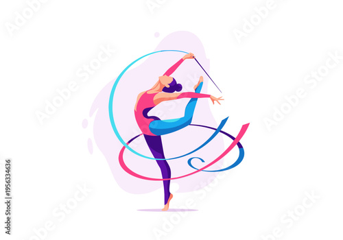 Female rhythmic gymnast performing a graceful balance pose with a flowing ribbon