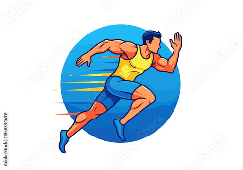 Muscular man in yellow and blue athletic sportswear sprinting forward with dynamic speed