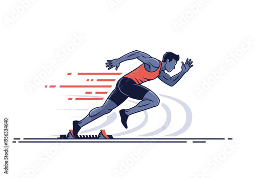 Man sprinter taking off from starting blocks on a race track with motion effects.