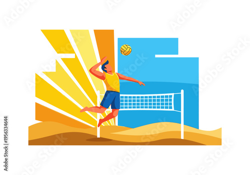 Male athlete jumping to spike a volleyball on a sunny beach court