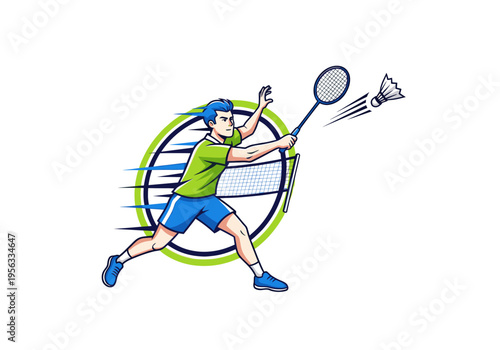 Male badminton player in action swinging racket to hit shuttlecock over net with dynamic speed lines