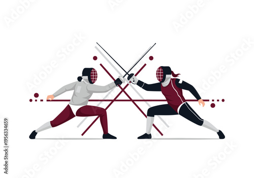 Two fencers in protective masks and suits engaged in a dynamic sword fight on a white background with abstract lines.