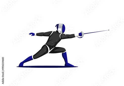 Fencer in black and blue uniform lunges forward with a sword weapon on a white background