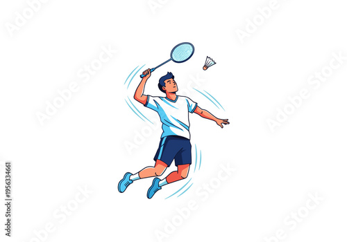 Energetic male athlete jumping to hit a shuttlecock with a badminton racket during a game