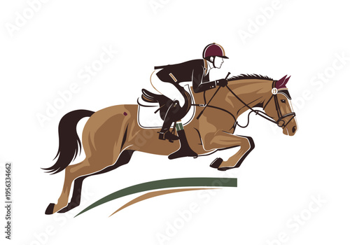 Equestrian rider on a horse mid-jump over an obstacle showing skill and athleticism