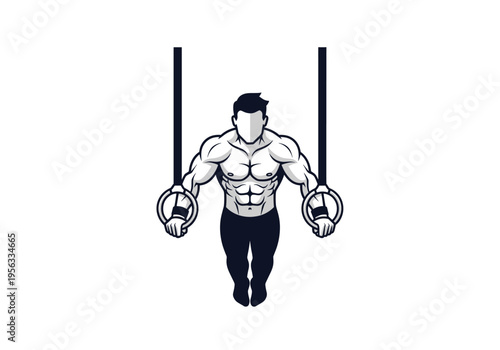 Strong male athlete performing a fitness exercise on gymnastic rings with a minimalist design