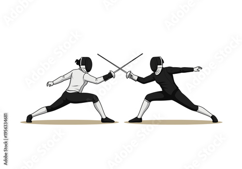Two fencers in contrasting uniforms engaged in an intense foil duel