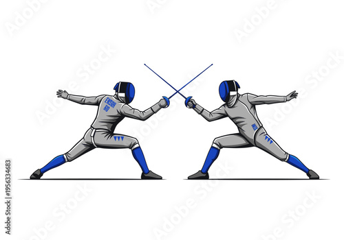 Two fencers in grey and blue uniforms engage in a dynamic bout, crossing foils on a white background
